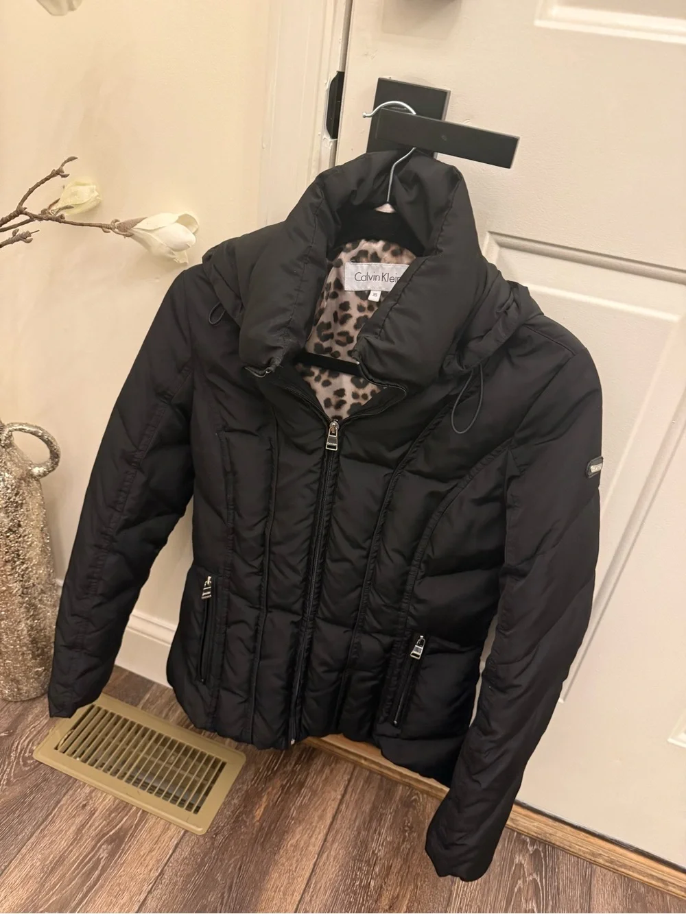 Calvin Klein Black Quilted Puffer Jacket with Leopard Lining